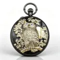 Retro alloy owl relief starry sky music pocket watch vintage mechanical flip collectible - Black Shell Black Gold-P5804C