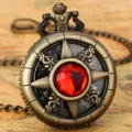 Vintage bronze quartz pocket watch with hollow compass design and red gem inlay. - Waist Chain / Red Stone - Waist Chain