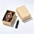 Eco-friendly wooden quartz watch with hollow dial, stylish leather strap and gift box set. - Gift Box Tool + Walnut Wood Digital Dial