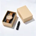 Men wooden quartz watch featuring leather strap, hollow dial and gift box packaging. - Gift Box Tool + Zebra Wood Bar Index Dial