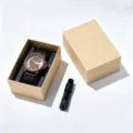 Men's wooden quartz watch with black leather strap, eco-friendly wooden dial and gift box. - Gift Box Tool + Walnut Wood Bar Index Dial
