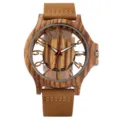 Wooden quartz watch with hollow transparent wooden dial and brown leather strap for men style. - Zebra Wood Digital Dial