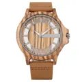 Wooden quartz watch for men, eco-friendly hollow wood dial with brown leather strap stylish. - Zebra Wood Bar Index Dial