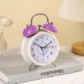 Metal twin bell alarm clock in purple and white, vintage bedside table clock with loud sound. - 12x8x6.5cm / Purple