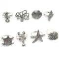 8pz Anelli per Tovaglioli in Metallo Tema Oceano Cavalluccio Polpo Stella Marino - Set 8 Pezzi Argento Antico