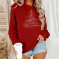 Red Christmas tree print long sleeve sweatshirt variant, comfortable casual loose pullover top. - Wine Red (Christmas Tree Glitter Print)