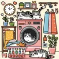 Cute cartoon cat laundry room illustration coloring book for kids and adults relaxing design - Lazy Cat Coloring