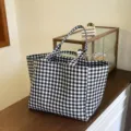 Black and white gingham canvas tote bag, large capacity shoulder bag for daily commuting. - Black