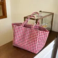 Red white gingham canvas tote bag, casual large capacity shoulder handbag for women commute daily use - Red