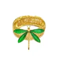 Close-up detail view of the exquisite green enameled dragonfly ornament on a golden spring tieback. - Verdant