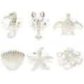 Set di 6 portatovaglioli in metallo tema oceano con cavalluccio marino, aragosta, tartaruga. - Argento