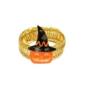 Halloween curtain tieback detail, gold metallic spring band with enamel witch hat and pumpkin. - Orange
