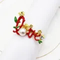 Christmas napkin ring alloy metal red enamel pearl rhinestone table decor accessory - 6