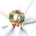Christmas napkin ring gold metal wreath with red green rhinestones holiday table decor - 11