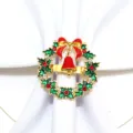 Christmas napkin ring holiday table decor alloy red bell green wreath rhinestone buckle - 50