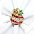 Christmas ball napkin ring gold metal rhinestone red enamel holiday table decor holder - 57