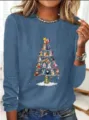 Camiseta de Manga Larga con Cuello Redondo y Estampado de Gato de Navidad Invierno - XS / Tops / Azul (7)