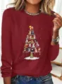 Mujer Navidad Gato Estampado Manga Larga Cuello Redondo T-Shirt Invierno Casual Top - XS / Tops / Rojo Vino (8)