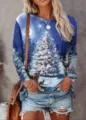 Mujer Azul Navidad Manga Larga Camiseta Invierno Casual Cuello Redondo Vacaciones Top SKU - XS / Tops / Azul(10)