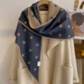 Winter thick star jacquard double-sided triangular scarf women cozy warm outerwear shawl - HSJ-6-Navy Blue