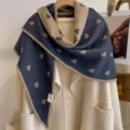 Detailed view of the thickened heart jacquard double-sided triangular shawl scarf. - HSJ-5-Navy Blue
