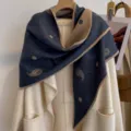 Retro paisley polka dot reversible triangular shawl women fashion color blocking commuter scarf - Navy Blue