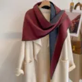 Women double-sided color block triangular scarf, thickened warm winter shawl for daily wear. - HSJ-2-Dark Red
