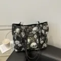 Floral skull pattern shoulder tote bag large capacity retro casual handbag for women. - Black