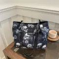 Dark Skull Flower Tote Bag, Large Capacity Shoulder Bag with Chains, Black Fashion Handbag - Blue