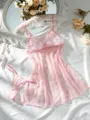 Pink lace mesh chemise lingerie sleepwear set with thong for women sexy nightwear. - S / Dresses / Pink