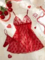 Sexy red sheer heart print chemise lingerie set with matching thong, romantic style sleepwear. - S / Dresses / Burgundy