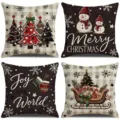 Set of 4 Christmas throw pillow covers with vintage plaid snowman and tree designs detail - Combination Style / 45x45 Square (No Insert)