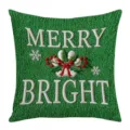Green knit pillowcase detail featuring white embroidered Merry Bright text and Christmas holly. - Style 1