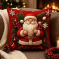 Festive red Christmas throw pillow cover with 3D Santa and pine decor for cozy sofa living. - 45x45 Square (No Insert) / Style 3