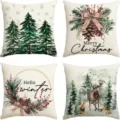 Christmas pillow covers set of 4 watercolor winter deer pine tree decorative cushions for sofa - 45x45cm (Without Insert) / Combination 2