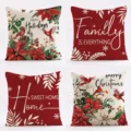 Christmas throw pillow cover detail view, festive holiday design, linen fabric decorative case. - Four-Piece Set / SQL-006