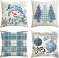 Christmas decorative pillow covers set of 4 blue winter snowflake snowman cushion cases - 45x45cm (Without Insert) / Combination 4