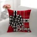 Christmas plaid throw pillow cover with bow and believe text for holiday home sofa. - HR65208-2
