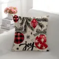 Christmas cushion cover featuring festive pine branches and red plaid ball prints, ideal for sofa. - HR65208-3