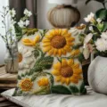 Detailed view of retro sunflower embroidered cushion cover, textured fabric, home decor. - Matte Black (01)