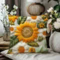 Detail view of vintage embroidered sunflower pillow cover with exquisite floral craftsmanship. - Green and Blue Embroidery (03)