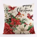 Christmas cardinal linen cushion cover, red poinsettia decorative throw pillow case. - SQL-002