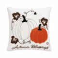 Detailed view of the autumn pumpkin embroidered cushion cover, featuring textured autumn leaves nicely. - 45x45cm (Single Cover Only) / Orange White Pumpkin