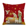 Christmas Nativity Scene Printed Throw Pillow Cover Red Linen Cushion Case Variant - Holy Family Style / 45x45cm