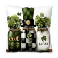 St. Patrick's Day Clover Throw Pillow Cover Decorative Shamrock Mason Jar Cushion Case - Single Sided Print Peach Skin Pillow Cover / Clover Glass Jar