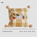 Plaid decorative throw pillow with cute cartoon dog print and pom poms for living room sofa. - 45*45cm Pillow Cover / Coffee Plaid Christmas Dog