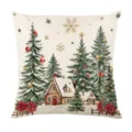 Christmas winter snow village watercolor tree pillow cover decorative square cushion case - Style 13