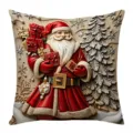 Close-up detail of Christmas Santa Claus printed cushion cover with festive holiday design - 45*45cm (Without Core) / Green and Blue Embroidery (03)