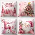 Christmas pink watercolor pillowcase decorative cushion cover cozy holiday sofa throw pillow 4pcs - 45x45CM (No Core) / New Arrival