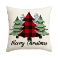 Christmas linen pillow cover with buffalo plaid tree print, festive sofa decorative cushion. - Single Pillowcase / SDF-21